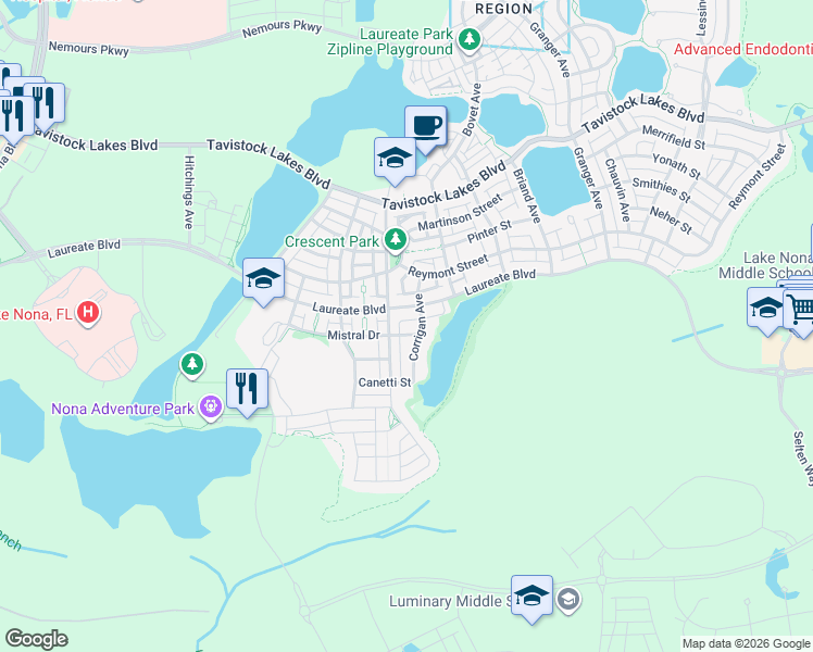 map of restaurants, bars, coffee shops, grocery stores, and more near 8338 Mistral Drive in Orlando