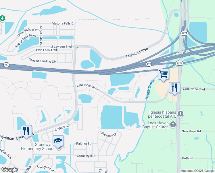 map of restaurants, bars, coffee shops, grocery stores, and more near 3950 Grassland Dr in Orlando