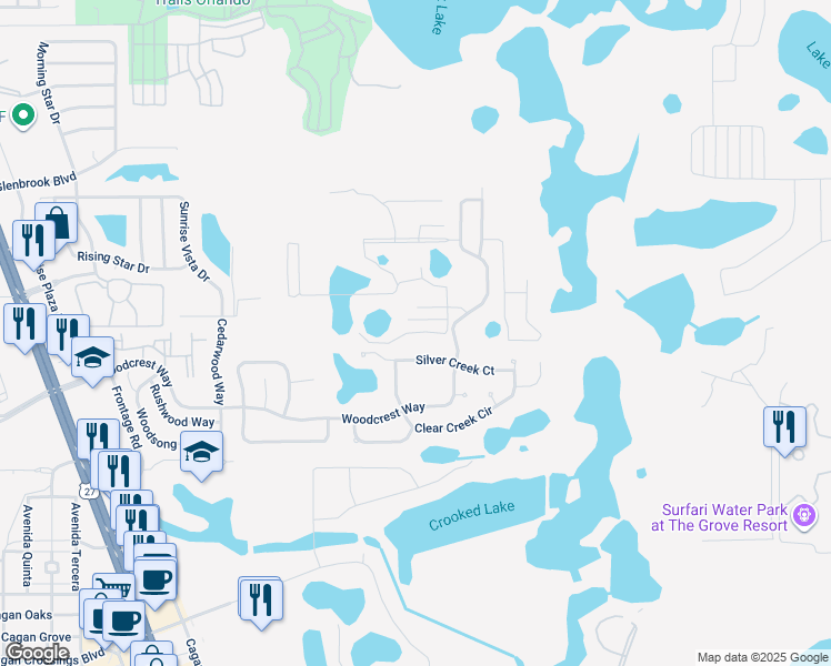 map of restaurants, bars, coffee shops, grocery stores, and more near 17522 Hidden Forest Drive in Clermont