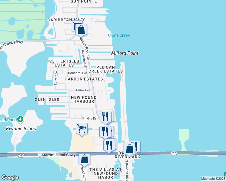 map of restaurants, bars, coffee shops, grocery stores, and more near 1735 Reef Court in Merritt Island