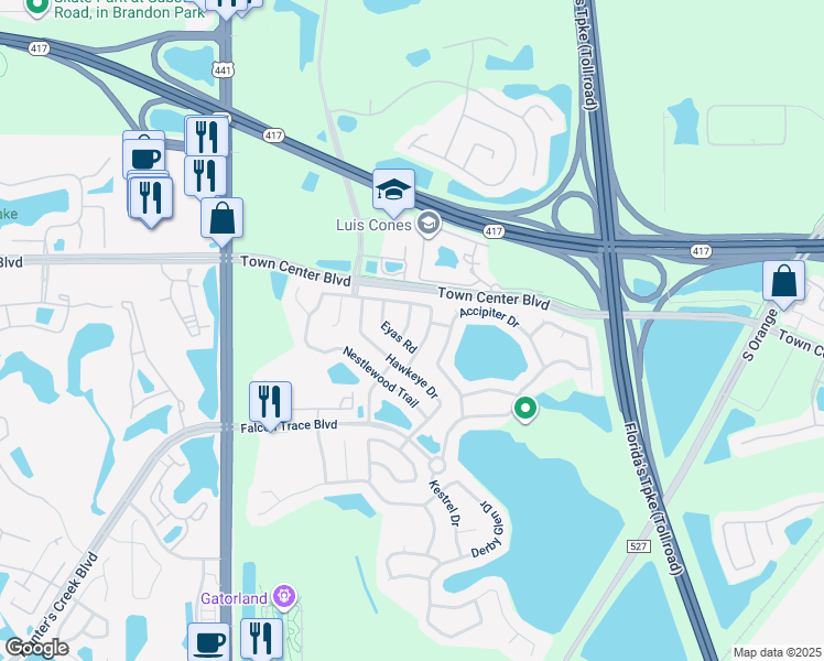 map of restaurants, bars, coffee shops, grocery stores, and more near 1701 Harris Hawk Road in Orlando
