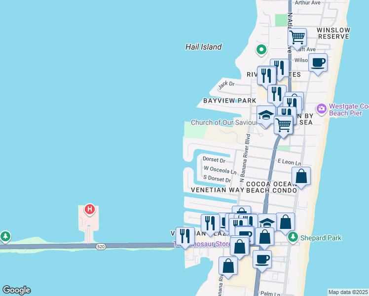 map of restaurants, bars, coffee shops, grocery stores, and more near 498 Brightwaters Drive in Cocoa Beach