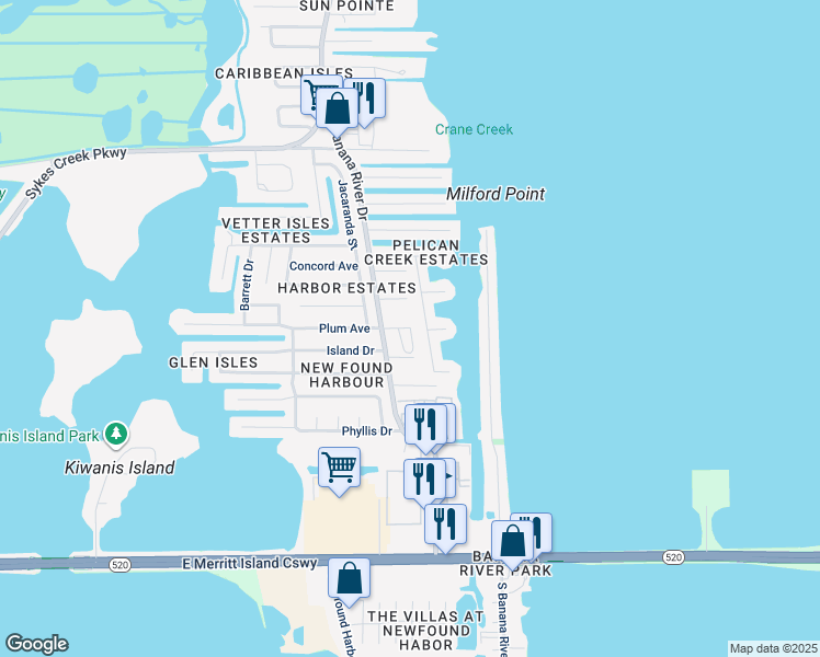 map of restaurants, bars, coffee shops, grocery stores, and more near 1799 Oceana Drive in Merritt Island