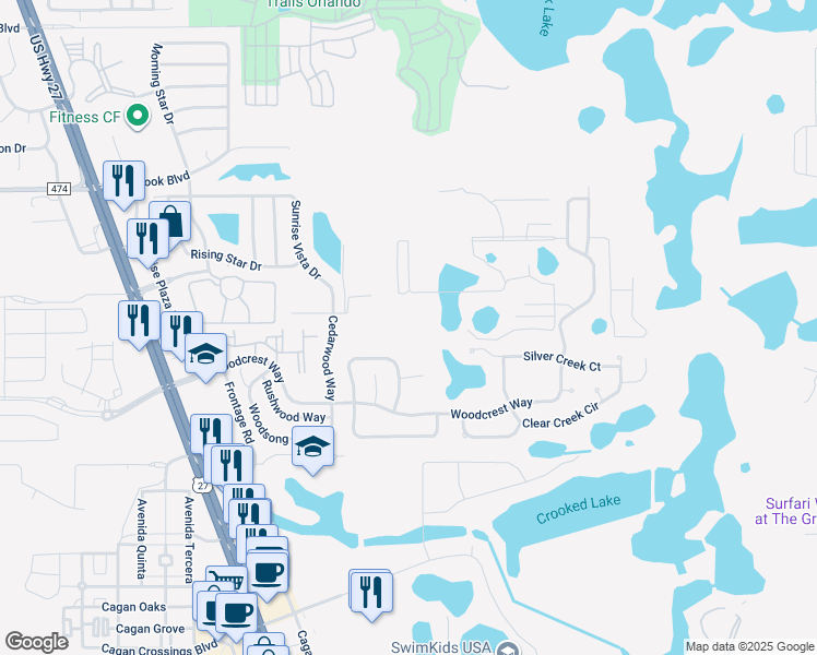 map of restaurants, bars, coffee shops, grocery stores, and more near 17104 Blessing Drive in Clermont