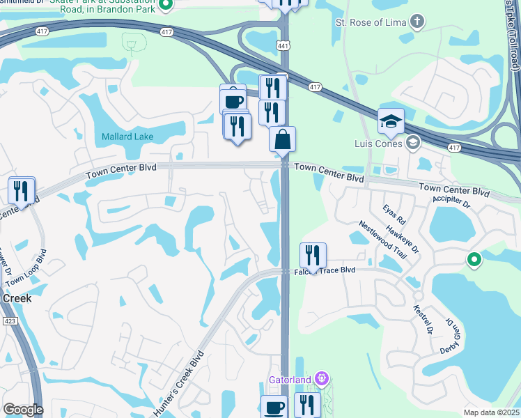 map of restaurants, bars, coffee shops, grocery stores, and more near 13524 Turtle Marsh Loop in Orlando