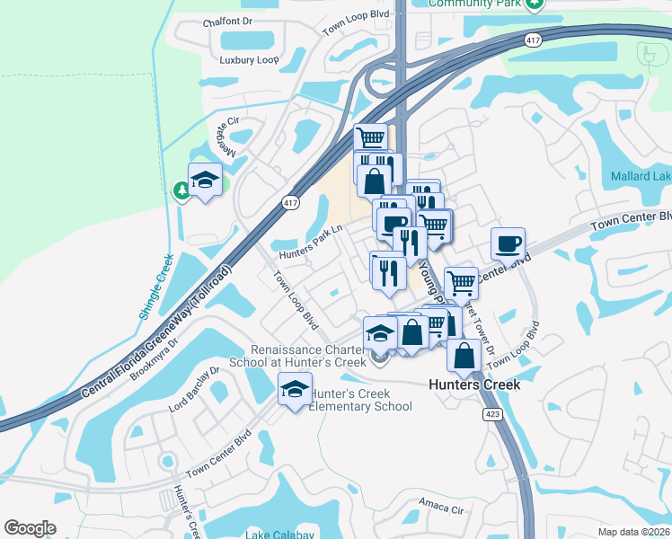 map of restaurants, bars, coffee shops, grocery stores, and more near 12111 Poppy Field Lane in Orlando