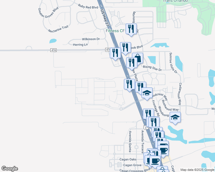 map of restaurants, bars, coffee shops, grocery stores, and more near 1315 US Highway 27 in Clermont