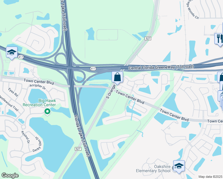 map of restaurants, bars, coffee shops, grocery stores, and more near South Orange Avenue & Town Center Boulevard in Orlando