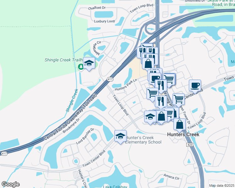 map of restaurants, bars, coffee shops, grocery stores, and more near 4450 Urbana Drive in Orlando