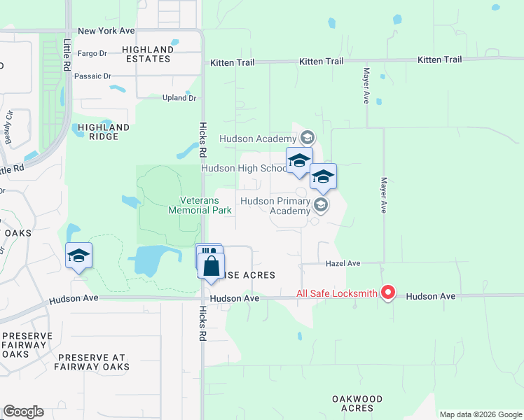 map of restaurants, bars, coffee shops, grocery stores, and more near 14318 Thompson Avenue in Hudson