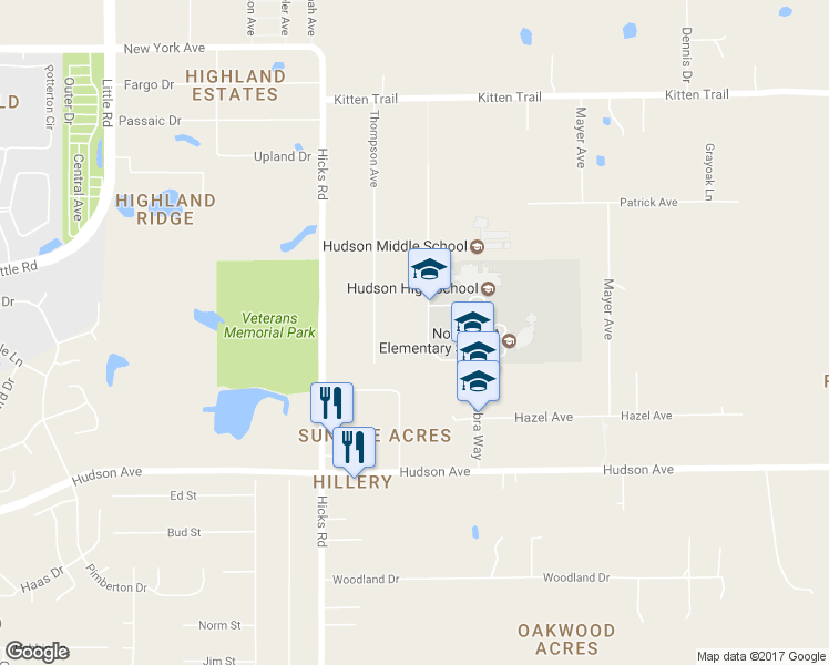 map of restaurants, bars, coffee shops, grocery stores, and more near 14318 Thompson Avenue in Hudson