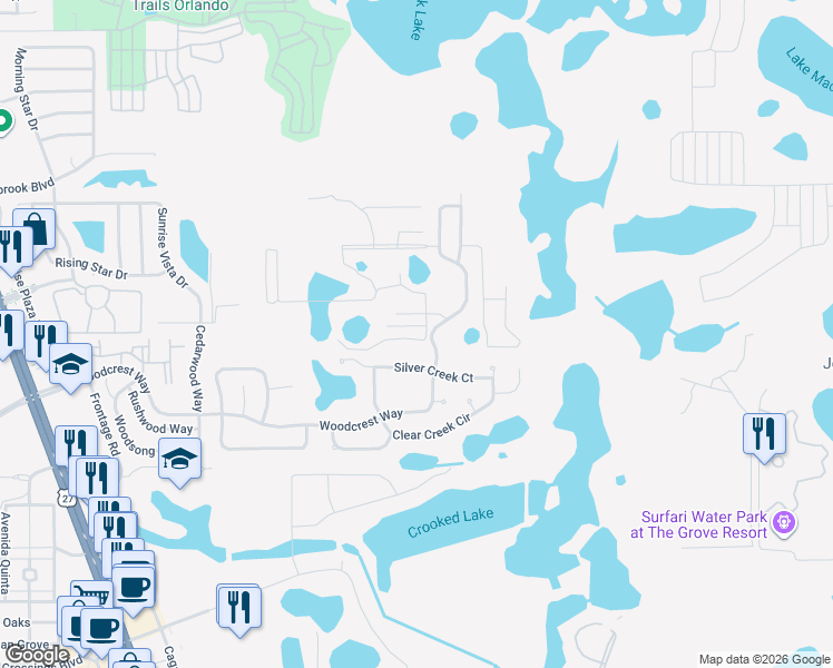 map of restaurants, bars, coffee shops, grocery stores, and more near 17522 Hidden Forest Drive in Clermont