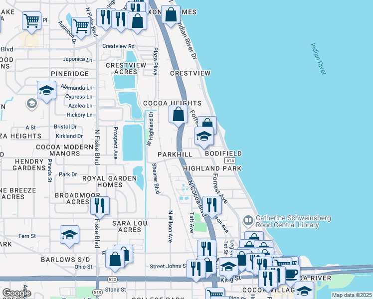 map of restaurants, bars, coffee shops, grocery stores, and more near 124 Grimes Street in Cocoa
