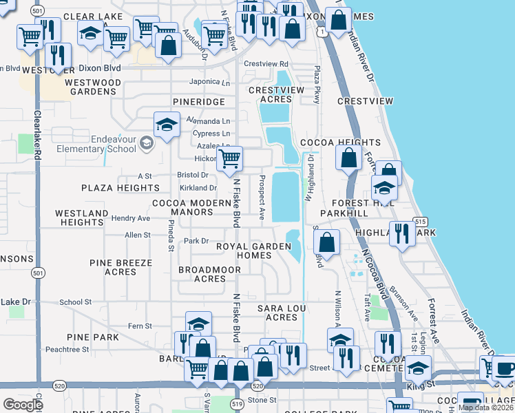map of restaurants, bars, coffee shops, grocery stores, and more near 907 Avon Place in Cocoa