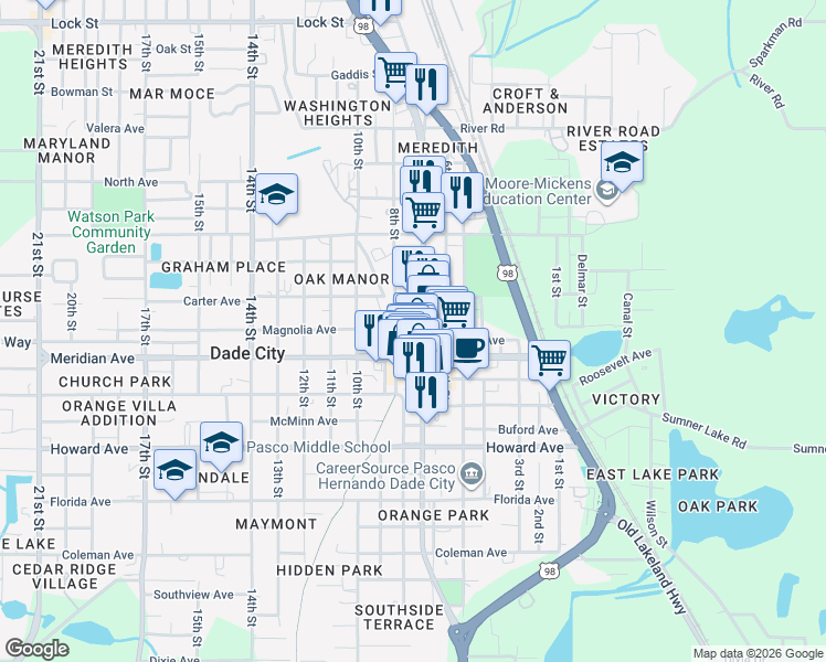 map of restaurants, bars, coffee shops, grocery stores, and more near 37847 Meridian Avenue in Dade City