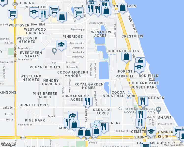 map of restaurants, bars, coffee shops, grocery stores, and more near 704 Thomas Avenue in Cocoa