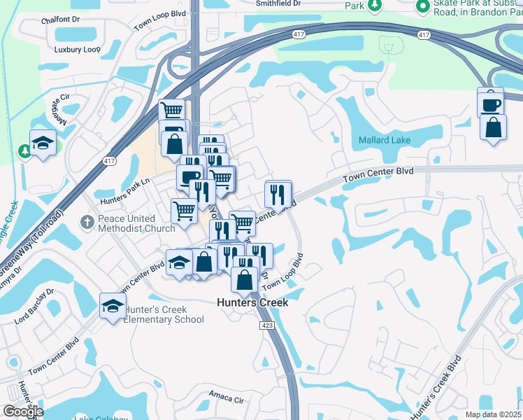 map of restaurants, bars, coffee shops, grocery stores, and more near 3960 Garden Plaza Way in Orlando