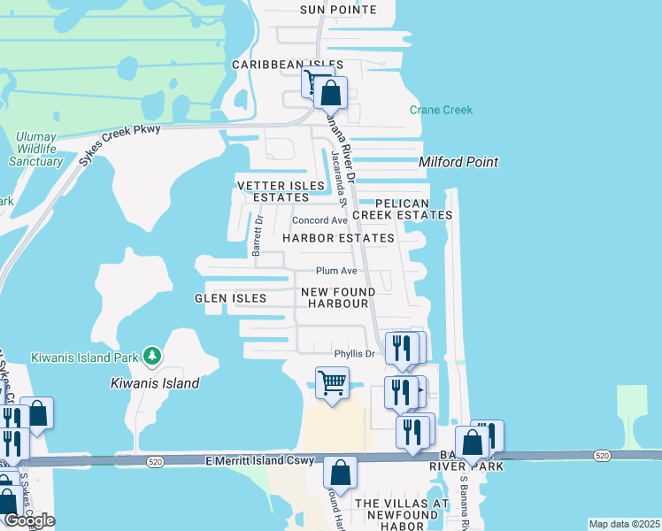 map of restaurants, bars, coffee shops, grocery stores, and more near 1530 Plum Avenue in Merritt Island