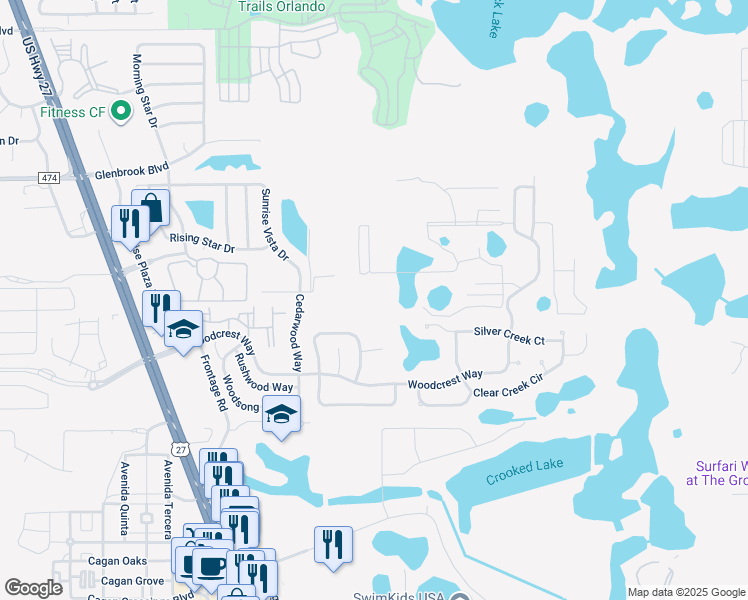 map of restaurants, bars, coffee shops, grocery stores, and more near 17104 Blessing Drive in Clermont