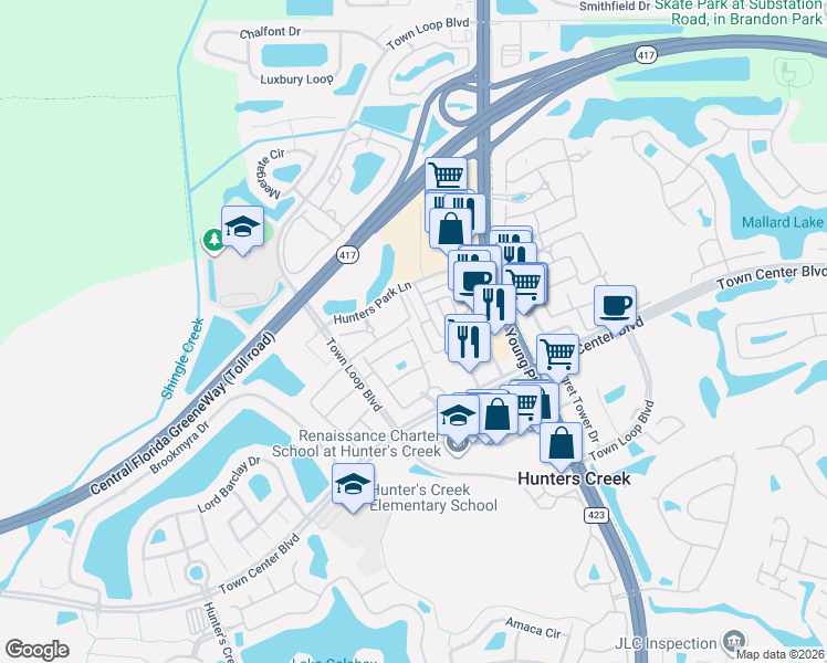 map of restaurants, bars, coffee shops, grocery stores, and more near 12111 Poppy Field Lane in Orlando