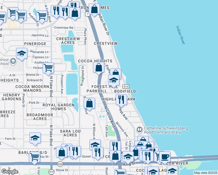 map of restaurants, bars, coffee shops, grocery stores, and more near 124 Grimes Street in Cocoa