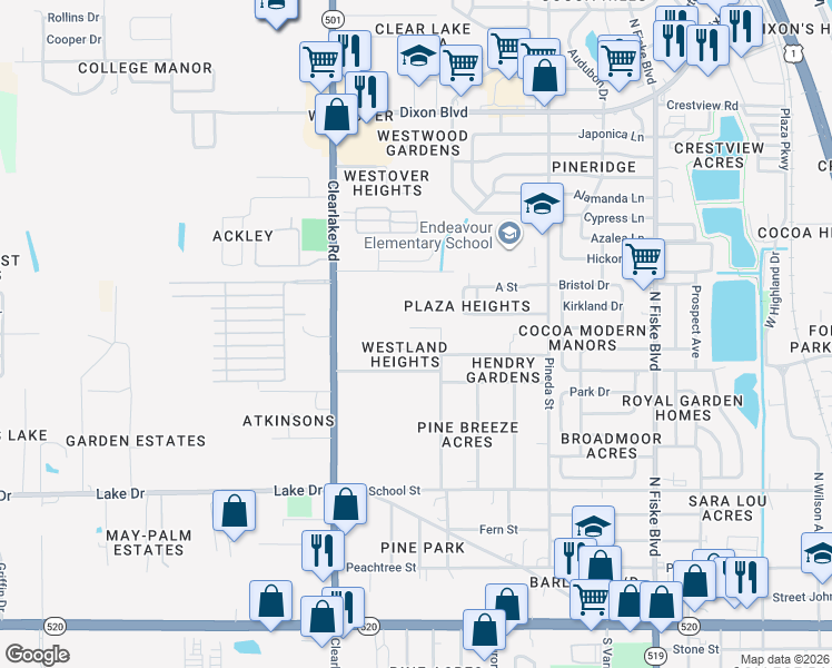 map of restaurants, bars, coffee shops, grocery stores, and more near 1418 Cowart Road in Cocoa