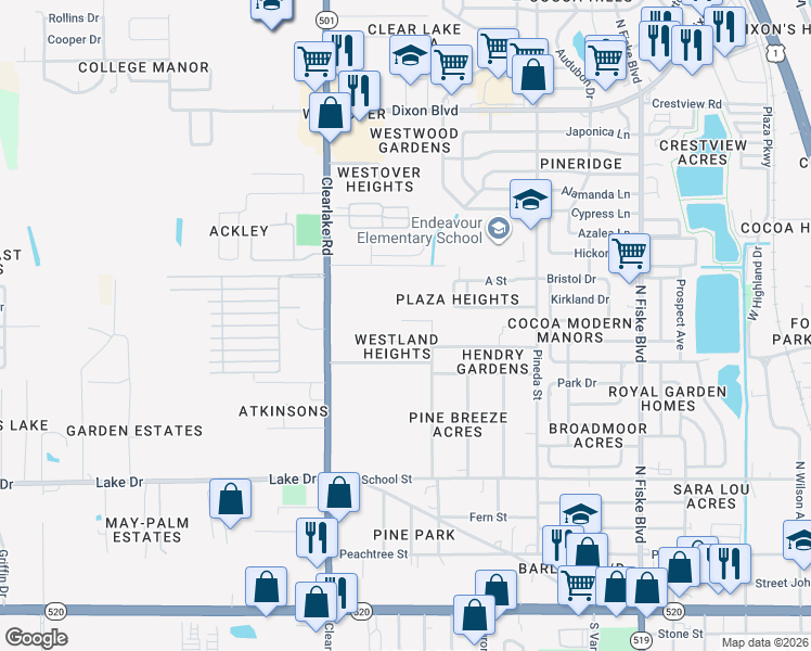 map of restaurants, bars, coffee shops, grocery stores, and more near 1418 Cowart Road in Cocoa