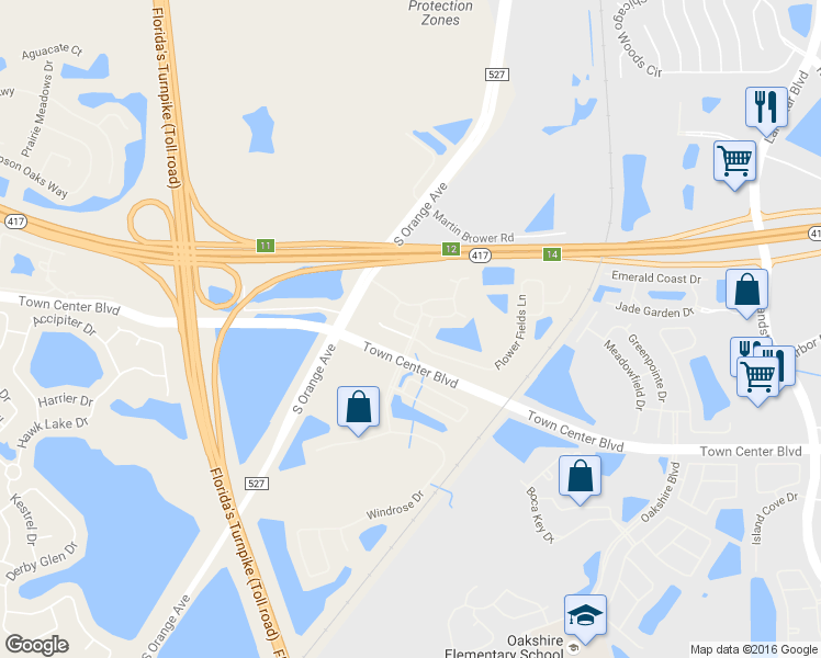 map of restaurants, bars, coffee shops, grocery stores, and more near 475 Town Center Boulevard in Orlando
