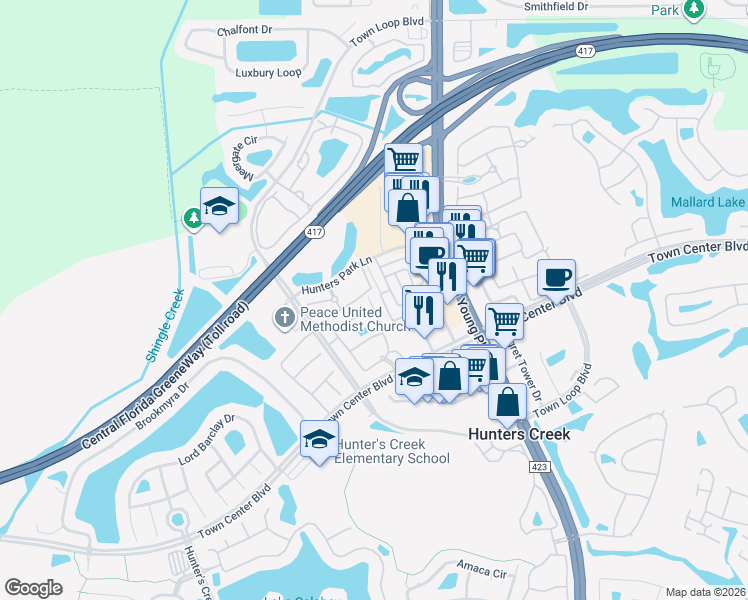 map of restaurants, bars, coffee shops, grocery stores, and more near 12111 Poppy Field Lane in Orlando