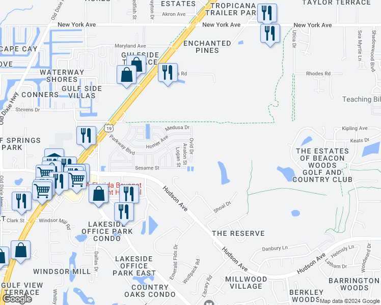 map of restaurants, bars, coffee shops, grocery stores, and more near 14329 Ovid Drive in Hudson