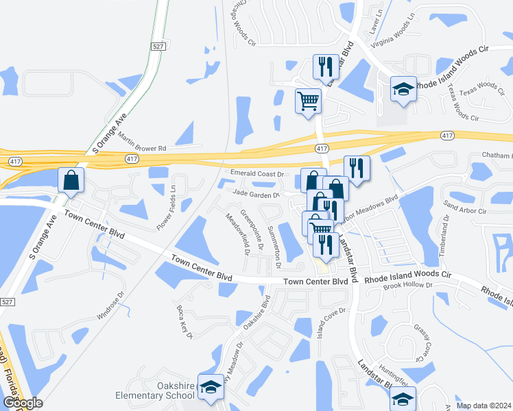 map of restaurants, bars, coffee shops, grocery stores, and more near 13230 Summerton Drive in Orlando