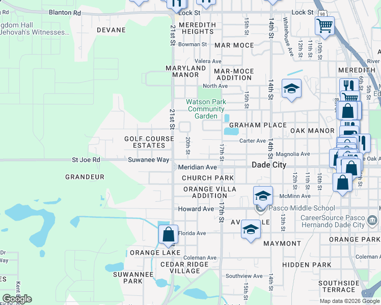 map of restaurants, bars, coffee shops, grocery stores, and more near 37027 Meridian Avenue in Dade City