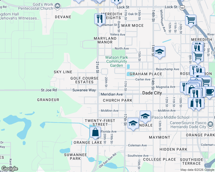 map of restaurants, bars, coffee shops, grocery stores, and more near 14244 20th Street in Dade City