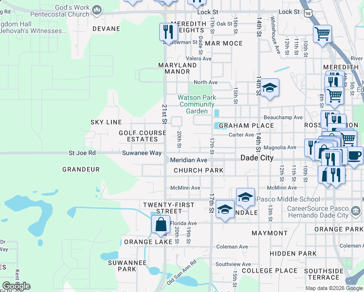 map of restaurants, bars, coffee shops, grocery stores, and more near 14244 20th Street in Dade City