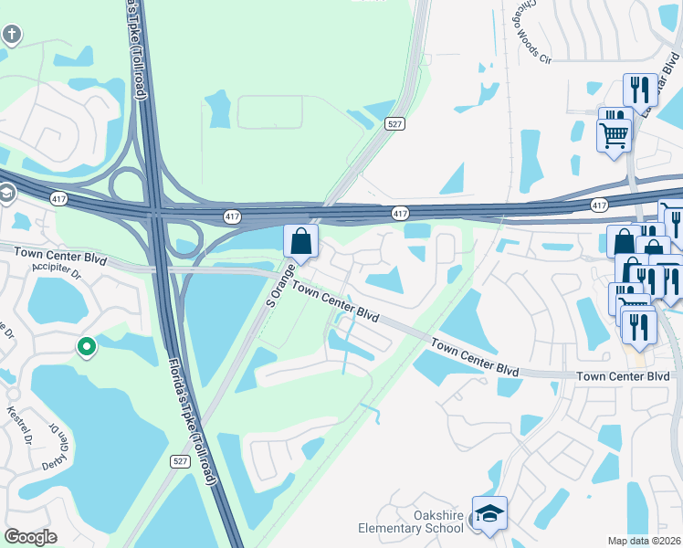 map of restaurants, bars, coffee shops, grocery stores, and more near 475 Town Center Boulevard in Orlando