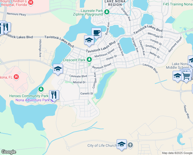 map of restaurants, bars, coffee shops, grocery stores, and more near 14091 Corrigan Avenue in Orlando