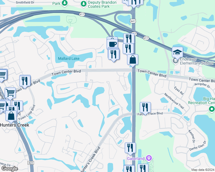 map of restaurants, bars, coffee shops, grocery stores, and more near 13929 Fairway Island Drive in Orlando