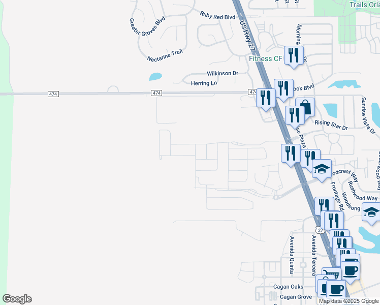 map of restaurants, bars, coffee shops, grocery stores, and more near 16053 County Road 474 in Clermont