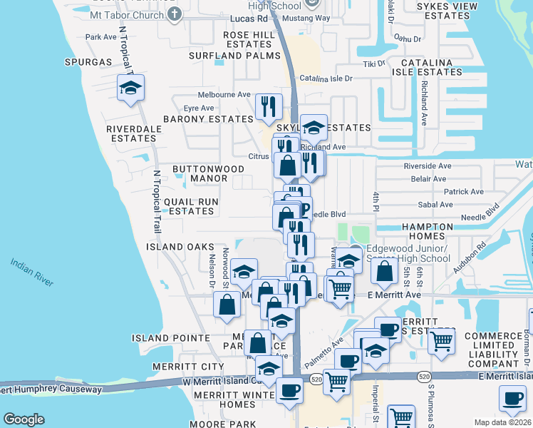 map of restaurants, bars, coffee shops, grocery stores, and more near 56 Lura Lane in Merritt Island