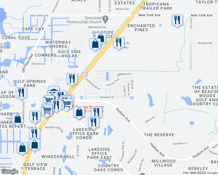 map of restaurants, bars, coffee shops, grocery stores, and more near 7723 Parkway Boulevard in Hudson