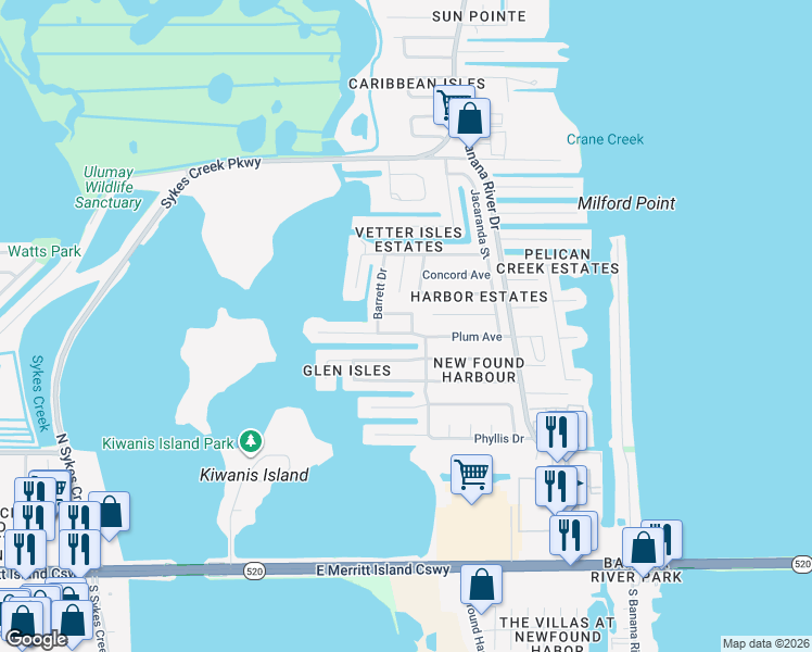 map of restaurants, bars, coffee shops, grocery stores, and more near 545 Captains Row in Merritt Island