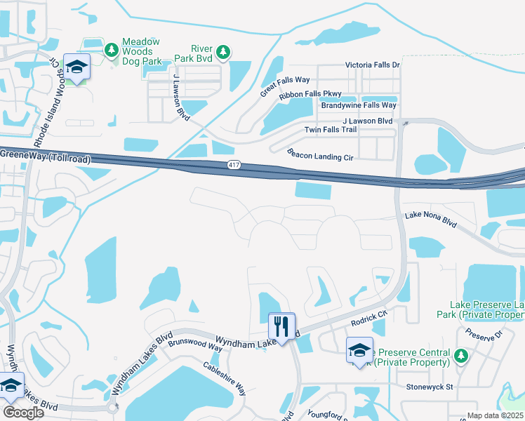 map of restaurants, bars, coffee shops, grocery stores, and more near 3366 Puxton Drive in Orlando