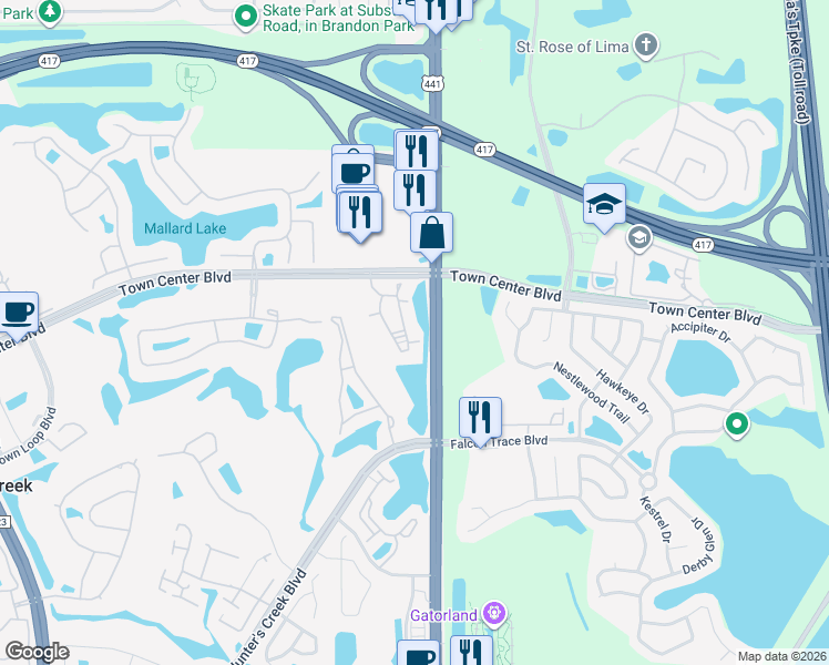 map of restaurants, bars, coffee shops, grocery stores, and more near 13548 Turtle Marsh Loop in Orlando