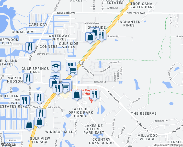 map of restaurants, bars, coffee shops, grocery stores, and more near 7629 Parkway Boulevard in Hudson