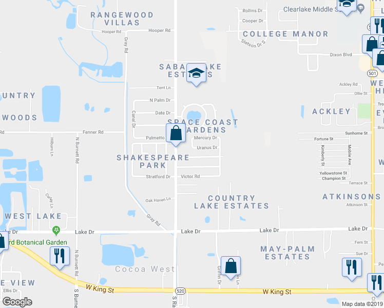 map of restaurants, bars, coffee shops, grocery stores, and more near 2478 Dianne Drive in Cocoa