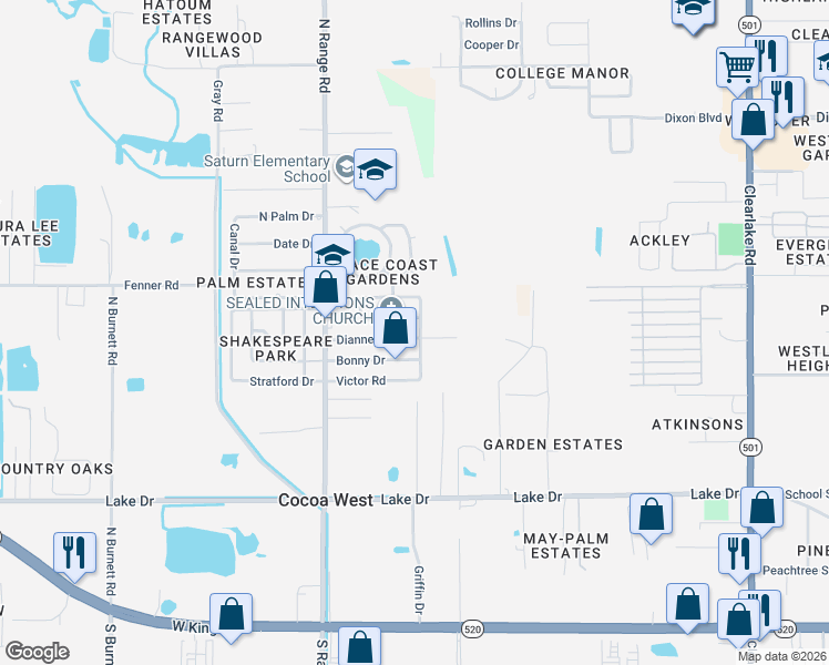 map of restaurants, bars, coffee shops, grocery stores, and more near 2393 Victor Road in Cocoa