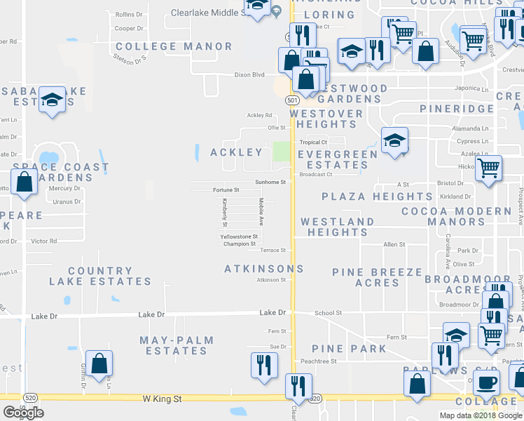 map of restaurants, bars, coffee shops, grocery stores, and more near 766 Mobile Avenue in Cocoa
