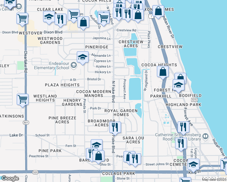 map of restaurants, bars, coffee shops, grocery stores, and more near 801 North Fiske Boulevard in Cocoa