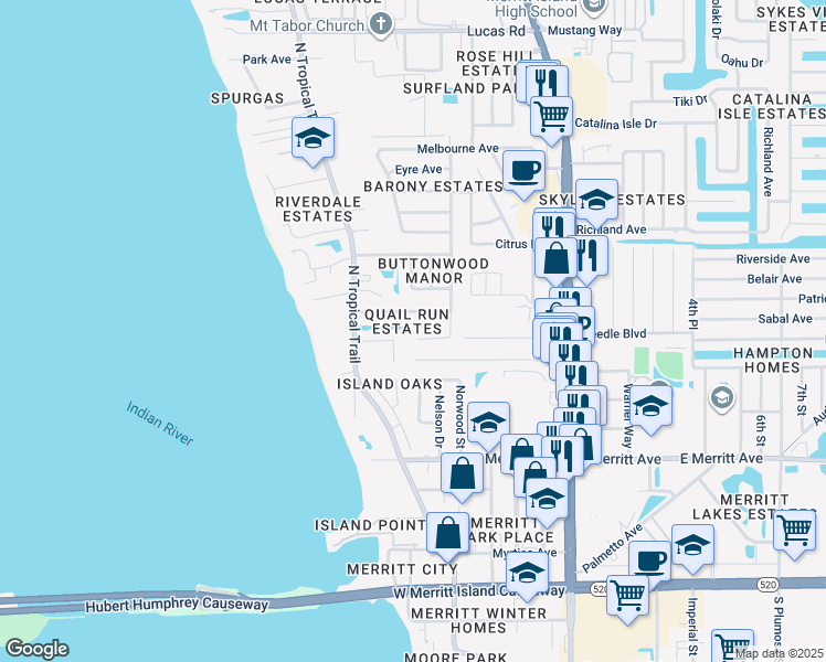 map of restaurants, bars, coffee shops, grocery stores, and more near 475 Buttonwood Drive in Merritt Island