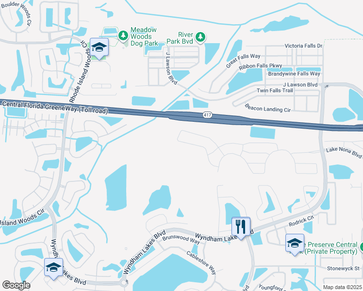 map of restaurants, bars, coffee shops, grocery stores, and more near 12392 Northover Loop in Orlando